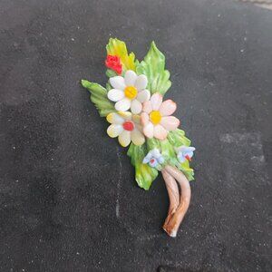 Vintage Italian Capodimonte Floral Daisy Brooch Porcelain Crown Mark 3"